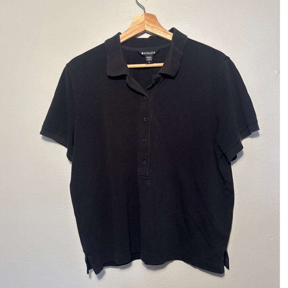 Women's Size L Athleta Pique Black Short Sleeve Polo Top Short Sleeve